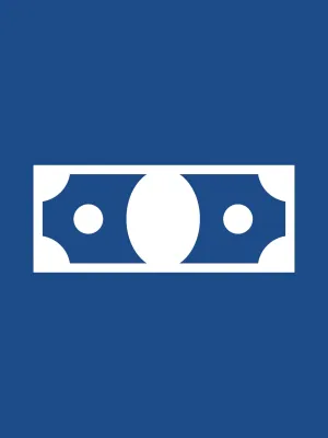 White money bill icon centered on a solid blue background representing currency or payment.