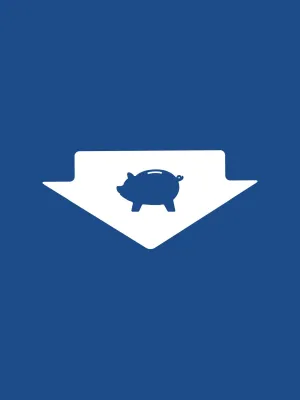 White downward arrow with piggy bank symbol on blue background representing savings or financial decline