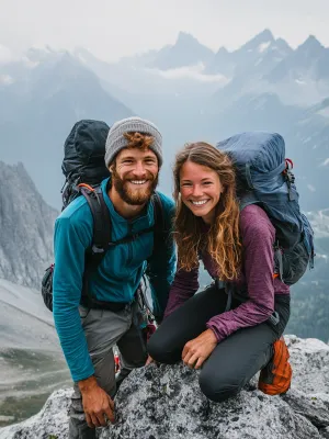 a man and woman posing for a picture on a mountain