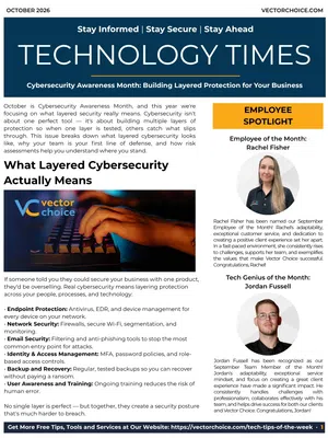 Newsletter page about layered cybersecurity, featuring employee spotlight and tech genius highlights with photos.