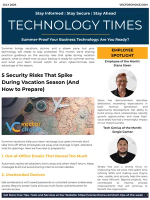 Newsletter titled Technology Times focusing on summer security risks with employee spotlights and travel-themed imagery.