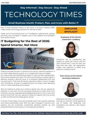 Technology Times newsletter cover for May 2026 focused on IT budgeting and small business growth tips.