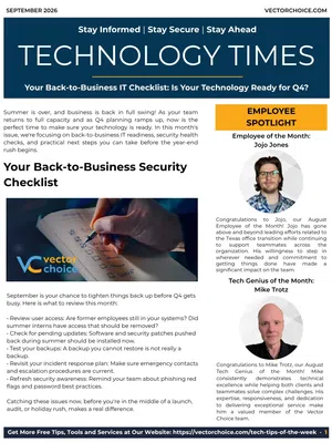 Newsletter cover titled Technology Times focusing on back-to-business IT security checklist and employee spotlights.