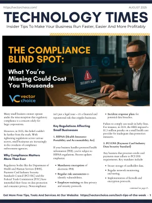 Businessman blindfolded sitting at desk with laptop showing security alert and dollar bills illustrating compliance risks.