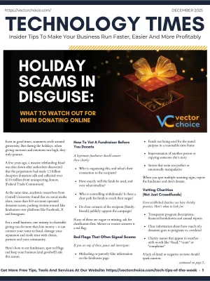 Magazine cover titled Technology Times with a feature on holiday scams and tips for safe online donations.