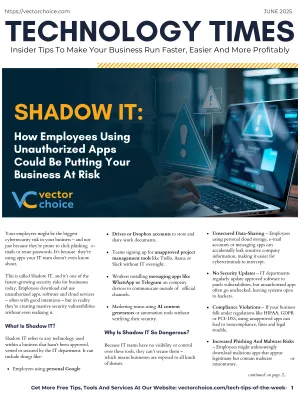 Magazine cover titled Technology Times highlighting risks of employees using unauthorized apps in businesses with security icons.
