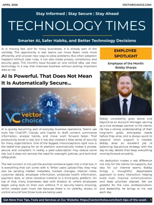 Technology Times newsletter cover highlighting AI security issues and employee spotlight for April 2026.