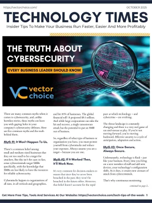 Technology Times cover with cybersecurity article and a magnifying glass over digital circuits illustrating cyber risks.
