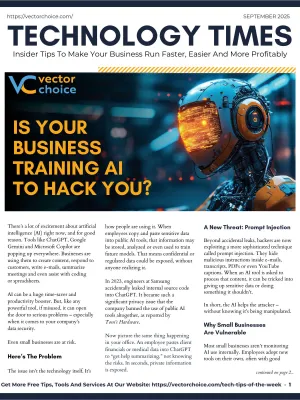 Magazine cover with futuristic robot and text about AI risks in business training and data security threats.