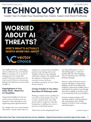Technology Times magazine cover about AI threats featuring a red exclamation mark on a microchip and warning text.