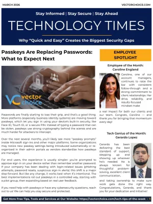 Technology Times newsletter highlights passkeys replacing passwords with security and employee spotlights.