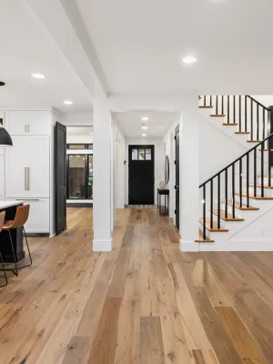 a kitchen with a wood floor