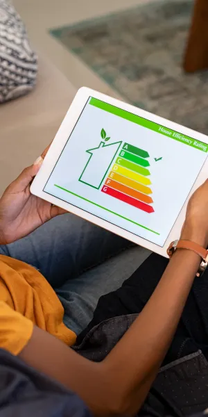 Couple reviewing home energy efficiency ratings on a tablet while sitting on a couch at home.