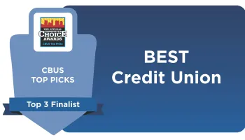 CBUS Top Picks award badge for Best Credit Union with Top 3 Finalist ribbon and blue background