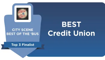 Award badge for City Scene Best of the 'Bus top 3 finalist for Best Credit Union in blue design