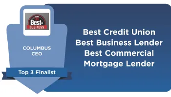 Columbus CEO Best of Business Top 3 Finalist for Best Credit Union Business and Commercial Mortgage Lender on blue background