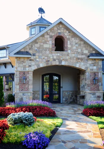 a close up of a flower garden in front of a brick building