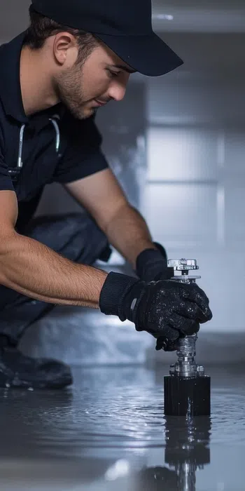 Plumber in black uniform fixing a water pipe leak on a wet floor in a dimly lit room.