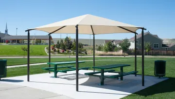 a picnic table and umbrella
