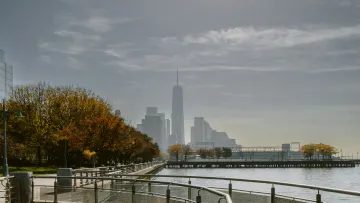 a bridge over water with a city in the background