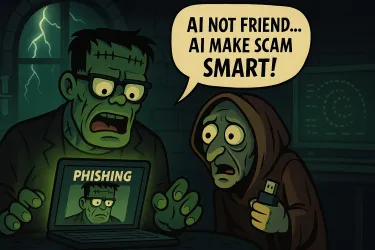Cartoon Frankenstein and hooded figure discuss AI making scams smarter with phishing on laptop screen.