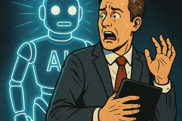 Illustration of a scared businessman sweating and holding a tablet with a glowing AI robot looming behind him.