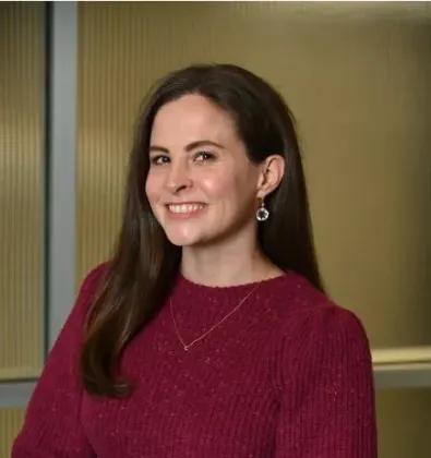 a woman in a red shirt