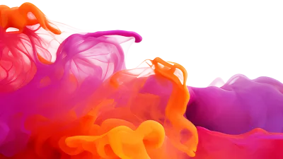 Vibrant orange and purple ink swirling and mixing in clear water creating colorful fluid abstract shapes.