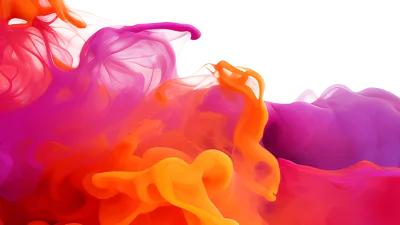 Vibrant orange and purple ink swirling and mixing in clear water creating colorful fluid abstract shapes.