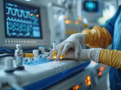 a person wearing gloves and a mask working on a computer