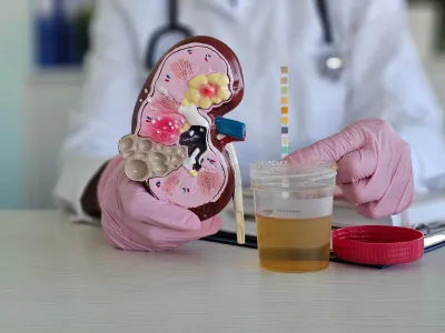 a person in a lab coat with a mask and a beaker