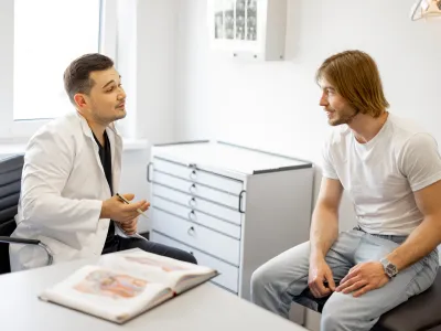 a couple of men sitting at a table looking at a book