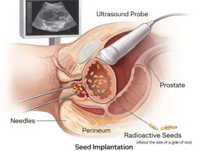 Diagram of prostate seed implantation showing ultrasound probe, needles, perineum, and radioactive seeds placement.