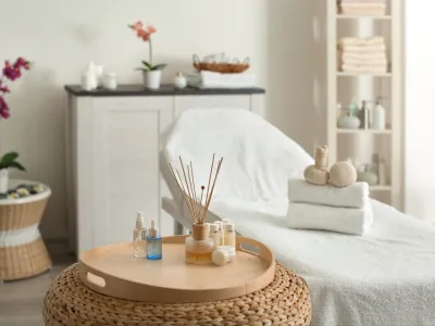 Spa treatment room with massage bed, essential oils, towels, and decorative flowers in soft natural light.