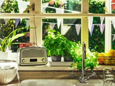a kitchen counter with a toaster oven and plants