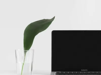 a laptop and a plant in a glass vase