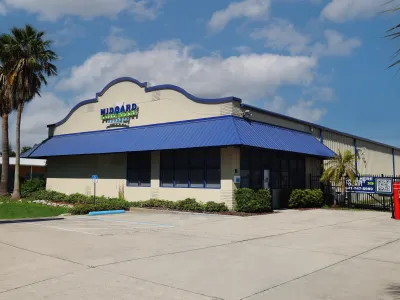 a building with a blue roof