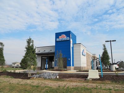 a building with a blue sign