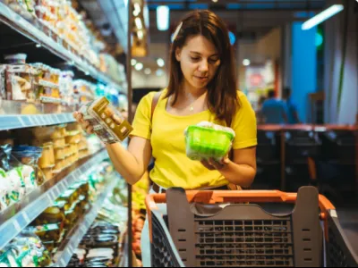 a person holding a drink in a grocery store