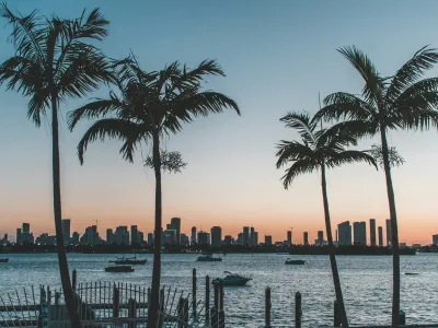 Palm trees framing a calm bay with boats and a city skyline at sunset under a clear sky.