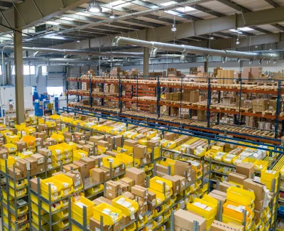 a store with shelves of yellow containers