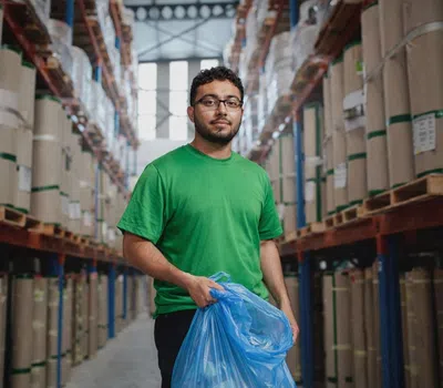 Warehouse worker in green shirt holding a blue plastic bag, standing between tall shelves with large containers.