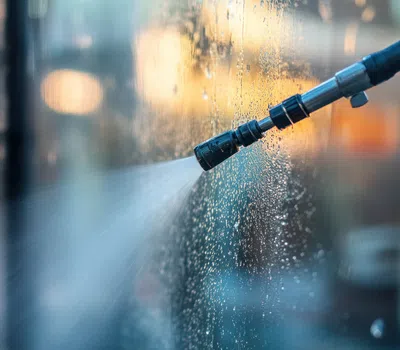 Spray nozzle cleaning a glass surface with water droplets and blurred lights in background