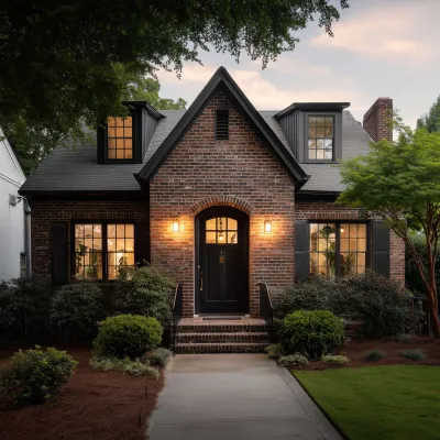 Cozy brick house with black door, lit lanterns, large windows, surrounded by greenery at dusk.