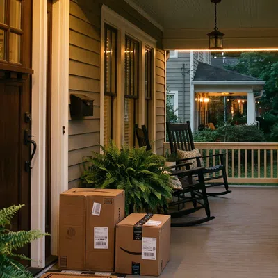 Packages left on a warmly lit front porch with rocking chairs and welcome mat in suburban home.