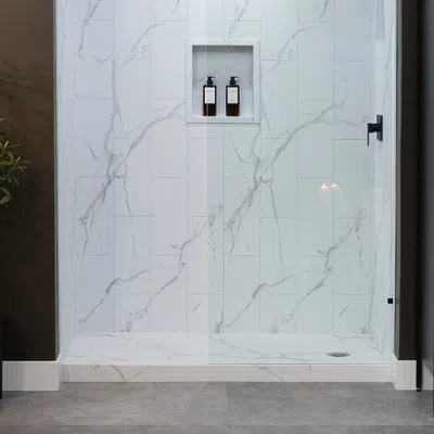 Modern walk-in shower with white marble tiles, built-in niche with bottles, glass door, and potted plant nearby