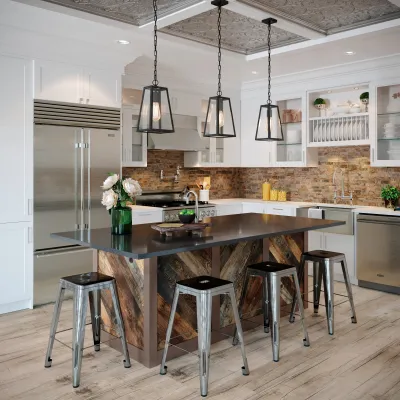 Modern kitchen with wooden island, metal stools, pendant lights, brick backsplash, and stainless steel appliances