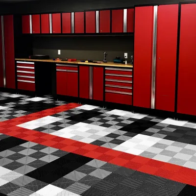 a kitchen with red cabinets