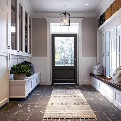 a kitchen with white cabinets