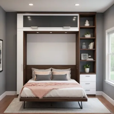 a bedroom with a large shelving unit